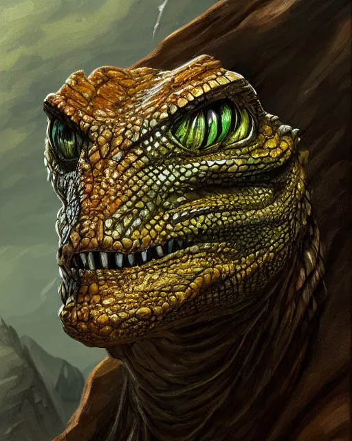 Prompt: ''face portrait of a rugged lizard, fantasy, mountain landscape, d & d, digital painting, artstation, deviantart, concept art, illustration, art by dragolisco and anne stokes and nico niemi''