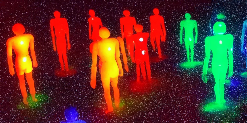 Image similar to groups of androids with glowing electronic bodies, from behind, rebirth, beauty, wide angle, elaborate, wet, highly detailed, colors, beautiful lighting