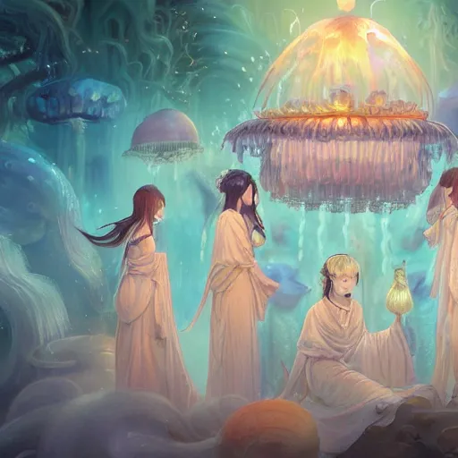 Image similar to A painting of priestesses worshipping at the jellyfish temple, shrouded in mist, jellyfish god, jellyfish priestess, jellyfish shrine maiden, 8K, illustration, art by WLOP and rossdraws and Logan Cure and Mingchen Shen and BangkuART and sakimichan and yan gisuka and JeonSeok Lee and zeronis and Chengwei Pan, smoke, undersea temple with fish, cinematic, insanely detailed and intricate, hypermaximalist, elegant, super detailed, award-winning, fuschia and vermillion and cyan, rainbow accents, mysterious, ancient, ritual, trending in cgsociety, artstation HQ, ornate, elite, haunting, matte painting, beautiful detailed, insanely intricate details, dreamy and ethereal, otherworldly