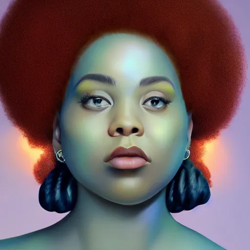 Prompt: beautiful oil painting of a fat light skinned woman with an afro, beautiful eyes, artstation, volumetric lights, highly detailed, concept art, sharp focus, beautiful face