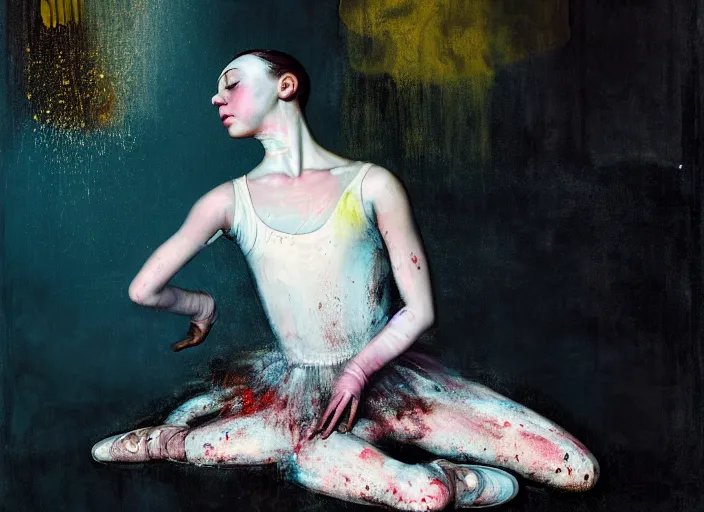 Prompt: portrait of nervous young girl ballerina sitting on the floor focusing in a dance hall by alberto seveso and hernan bas and francis bacon and pat steir and hilma af klint, psychological, photorealistic, symmetrical face, dripping paint, washy brush, matte painting, rendered in octane, altermodern, masterpiece