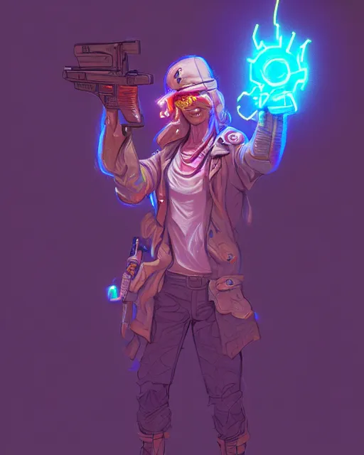 Image similar to A sorcerer wielding two Glock pistols, bust shot, smooth, intricate, elegant, power aura, neon glowing spells, digital painting, artstation, concept art, high tech fantasy, sharp focus, illustration, art by James Jean
