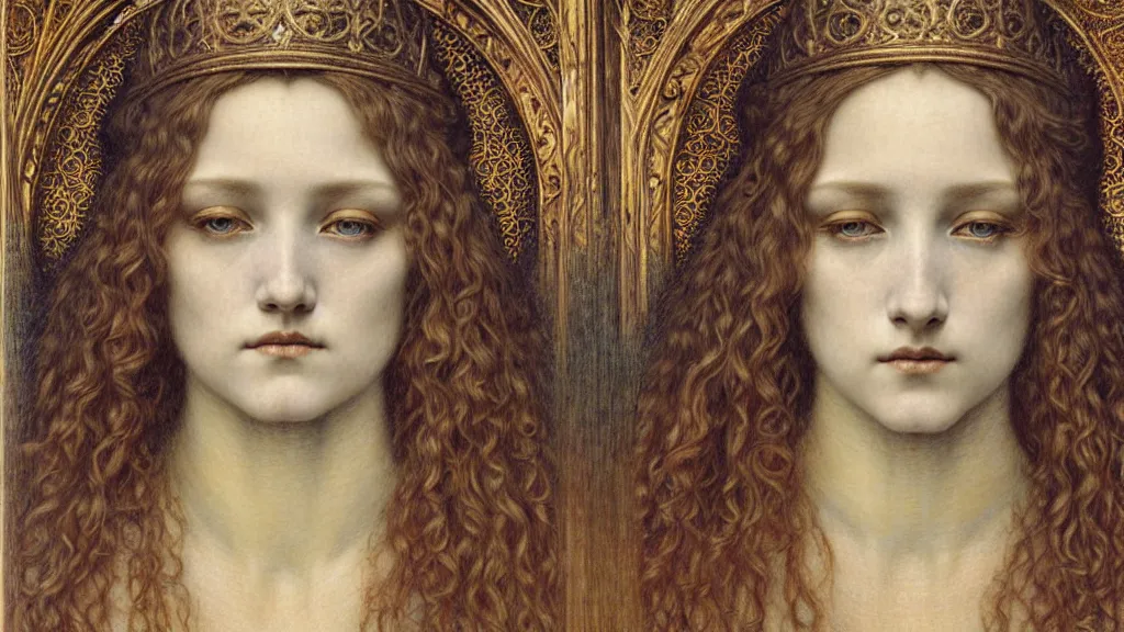 Image similar to detailed realistic beautiful young medieval queen face portrait by jean delville, gustave dore and marco mazzoni, art nouveau, symbolist, visionary, gothic, pre - raphaelite. horizontal symmetry