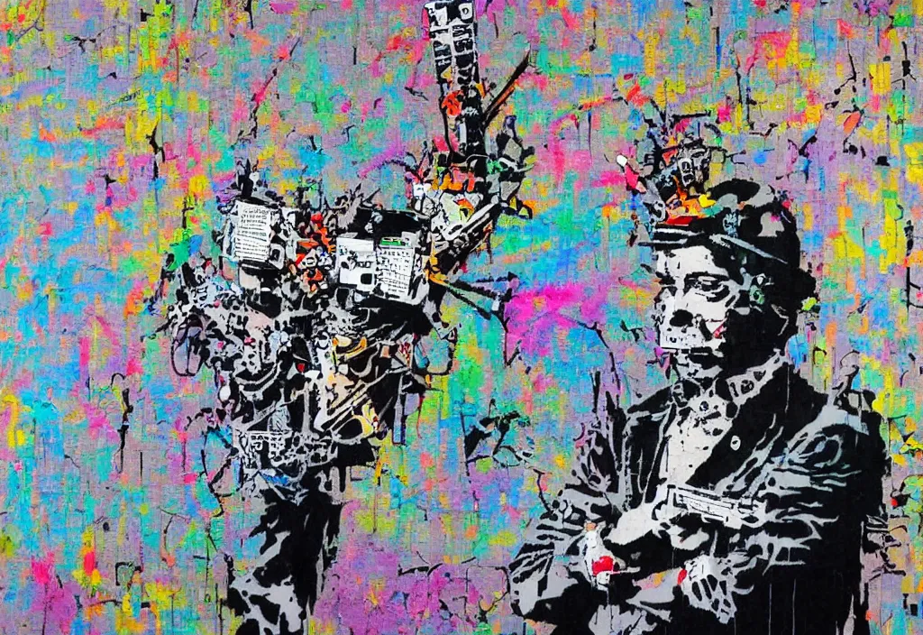 Image similar to full color banksy graffiti with statement of ai art is not art, detailed, realistic, glitch art effect