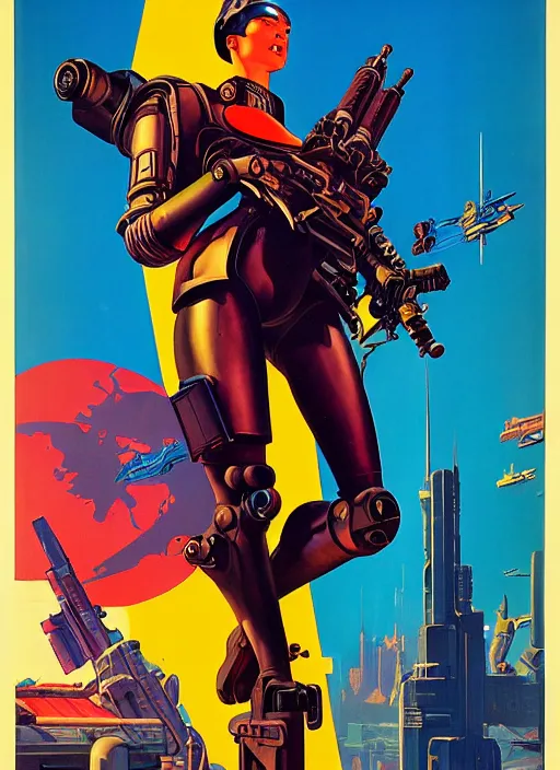 Image similar to american propaganda poster. cyberpunk mech pilot. portrait by jean giraud and anton otto fischer and john philip falter and will eisner and gil elvgren. realistic proportions. character art. science fiction d & d. tf 2, overwatch, rb 6 s, cyberpunk 2 0 7 7, blade runner 2 0 4 9.