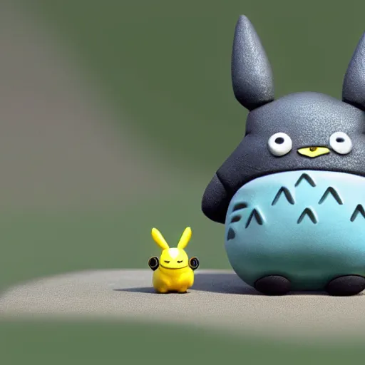 Prompt: the cutest little polymer clay totoro and pikachu hybrid, unreal engine, bokeh