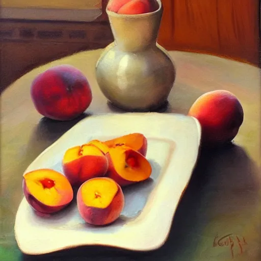 Prompt: beautiful woman in the background, table and plate of peaches in the foreground, natural light, oil painting style,