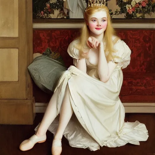 Image similar to Painting of Elle Fanning as a princess, long blonde hair, delicate, pale milky white porcelain skin, by Leyendecker and Norman Rockwell