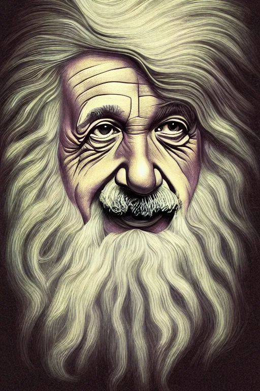 Image similar to intricate smooth color portrait of albert einstein in the style of daniel merriam, 8 k octane beautifully detailed render