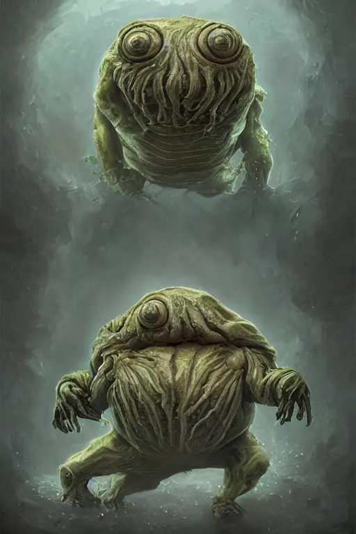 Prompt: oil portrait of a underworld horror tardigrade!!! trying to disguise itself as human, epic, cinematic, elegant, highly detailed, featured on artstation