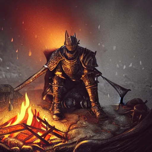 Image similar to fume knight boss from dark souls 2 sitting near a camp fire, evening time, heavy rain, rain water reflections in ground, digital illustration, crisp details, highly detailed art, 8k image quality, full body camera shot