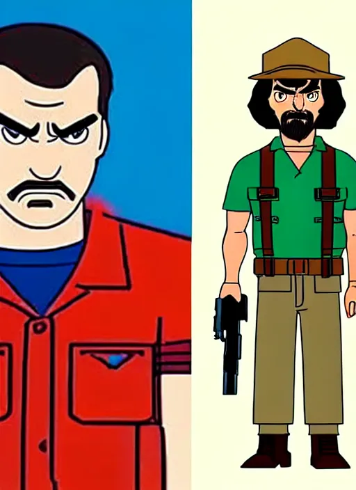 Image similar to still of jim hopper from stranger things : the animated series, cartoon screen capture ( 1 9 8 8 ), in the style of g. i. joe ( 1 9 8 3 ), transformers ( 1 9 8 4 ) and masters of the universe ( 1 9 8 3 )