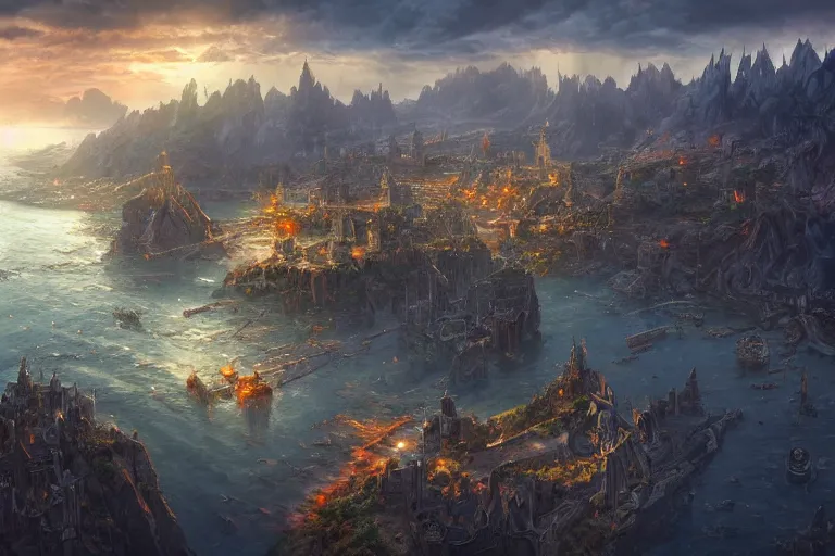 Image similar to high aerial shot, fantasy landscape, sunset lighting ominous shadows, cinematic fantasy painting, dungeons and dragons, a charming port city, harbor, bay by jessica rossier and brian froud and hr giger