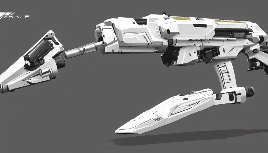 Prompt: extremely detailed realistic side view of a sci fi laser gatling gun, detailed trigger, chemically propelled, massive battery, smooth streamline, battery and wires, railgun, vulkan l, gauss, elegant sleek smooth body, white paint, smooth utopian design, ultra high quality, minimalist, octane, cod, destiny, warframe, terminator