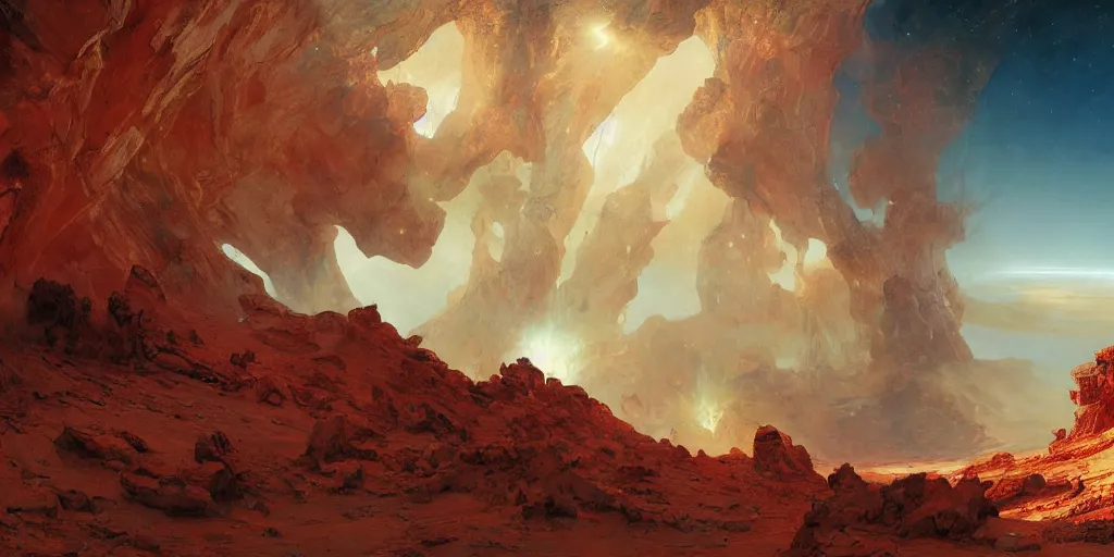 Image similar to supernova, red mountains on mars, sandfalls, ruins, painted by ruan jia, raymond swanland, lawrence alma tadema, zdzislaw beksinski, norman rockwell, jack kirby, tom lovell, alex malveda, greg staples