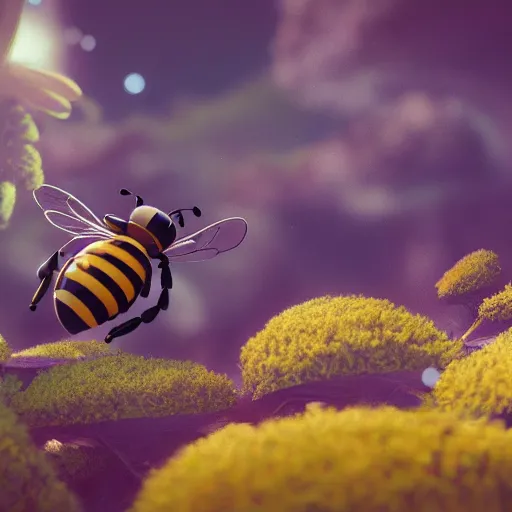 Image similar to large cute bee flying to crimson - black cute bee university, photorealistic, octane render, rtx, hdr, unreal engine, digital art widescreen 8 k, studio ghibli, disney, wlop