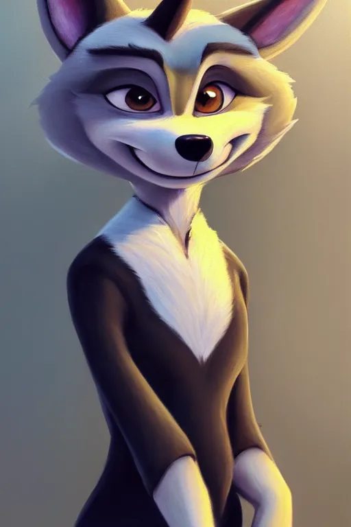 Image similar to oil painting of anthromorphic female wolf, in style of zootopia, female fursona, furry, furaffinity, 4 k, deviantart, furry art, fursona art, wearing black business suit, business suit, wolf fursona, female, smug expression,