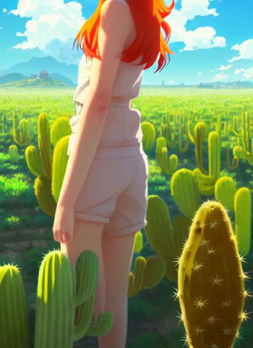 Image similar to portrait of cute redhead girl in orange jumpsuit with fox ears, holding a cactus, cloudy sky background lush landscape illustration concept art anime key visual trending pixiv fanbox by wlop and greg rutkowski and makoto shinkai and studio ghibli