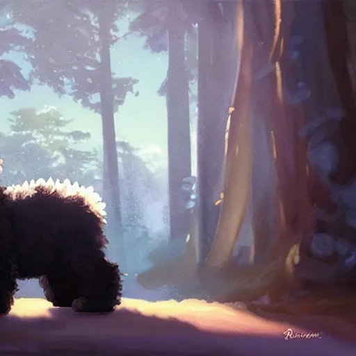 Image similar to a wholesome animation key shot of a black bernedoodle puppy, studio ghibli, pixar and disney painting, sharp, rendered in unreal engine 5, key art by greg rutkowski, bloom, dramatic lighting