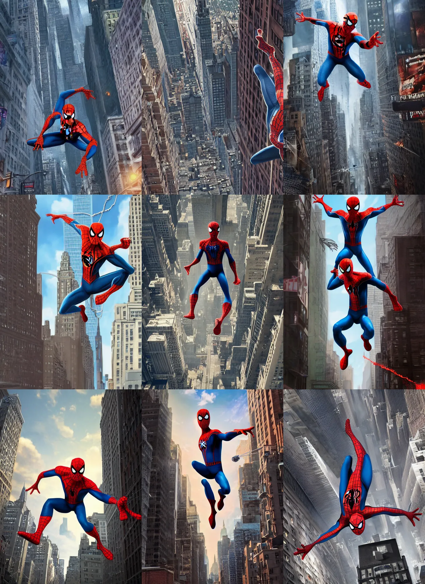Prompt: very detailed 3 d model of peter parker spider man swinging through new york city doing an action pose, action scene, digital illustration, concept art, matte painting, digital painting, illustration, amazing value control, 8 k, ultra detailed, in the style of sony pictures animation, minimal artifacts, rubber suit, graphic style