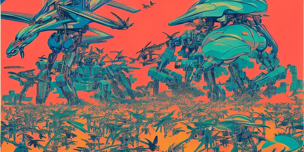 Image similar to risograph rendition, gigantic mecha arzach birds with dragonflies, tiny rats, a lot of exotic animals around, big human faces everywhere, helicopters and tremendous birds, by satoshi kon and moebius, matte colors, surreal psychedelic design, crispy, super - detailed, a lot of tiny details, fullshot