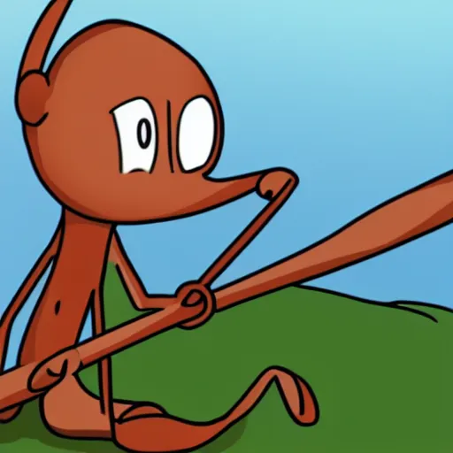Prompt: cartoon ant with a sad, depressed expression holding a bindle