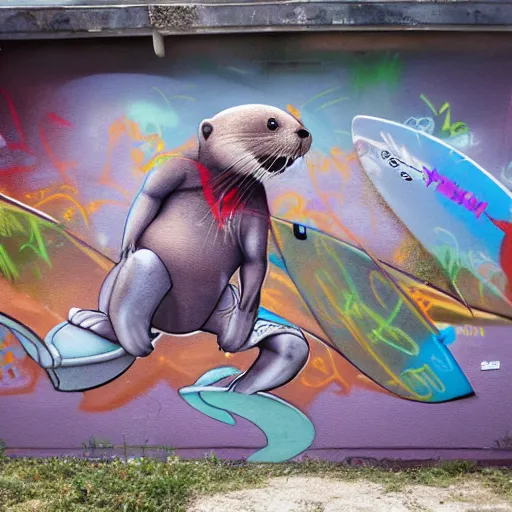 Prompt: photo of a graffiti mural of an anthro otter surfing, graffiti, mural, street art, anthro otter, furry art, furaffinity, 4 k