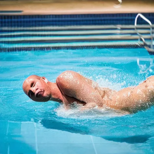 Prompt: a man swimming in a pool, his lower half is slowly dissolving like powder.