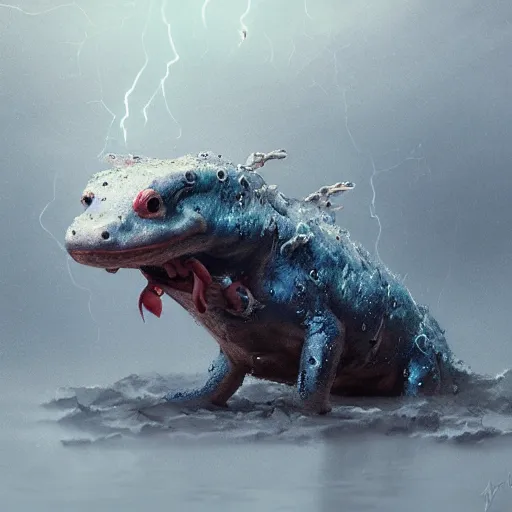 Prompt: highly detailed shocked Axolotl hit by lightning from the sky in a small puddle, thunder, dramatic, dark, fantasy, digital art, hyperrealistic, Greg Rutkowski, Trending on Artstation, highly detailed