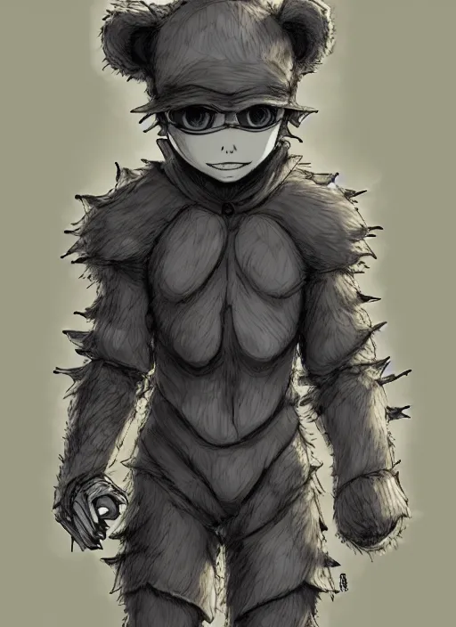 Image similar to beautiful little boy wearing an cyborg bear suit, artwork in kentaro miura and made in abyss and rosdraws, smooth, beautiful lightness, anatomically correct, trending on pixiv, forest