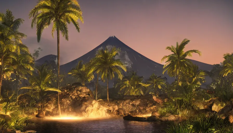 Image similar to volcano at night, moonlight, soothing lush landscape, detailed aqua lagoon, surrounded by crystal palm trees, unreal engine, realistic shading, realistic render, octane render, detailed textures, photorealistic, wide shot