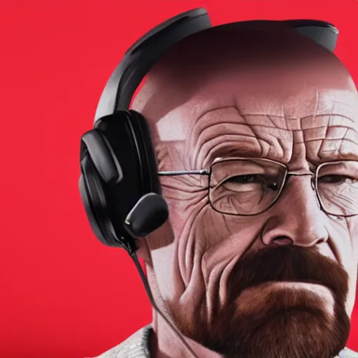 Image similar to close up, cropped award winning photo of walter white wearing pink headphones and sitting at his desk gaming, incredibly detailed, sharp focus, hyper realistic