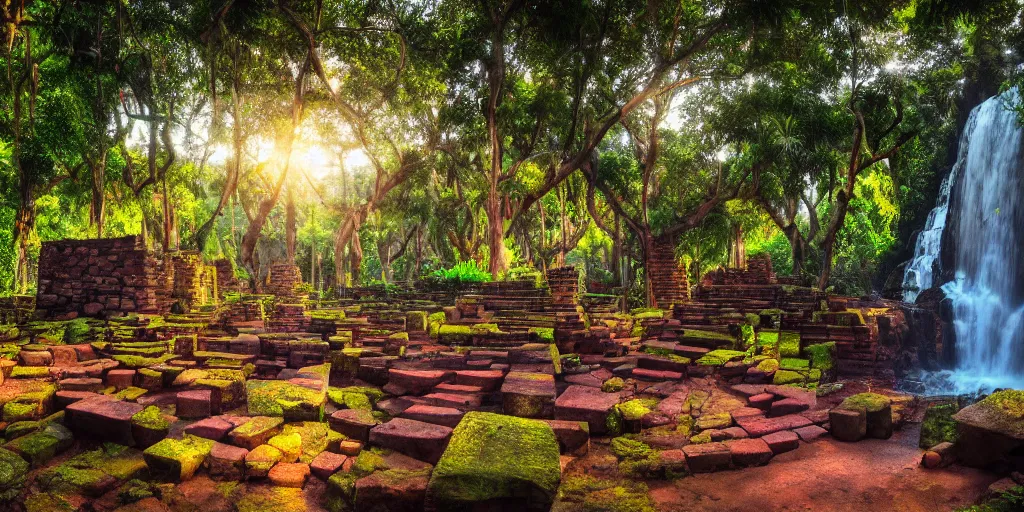 Image similar to ancient forest stone brick temple with a waterfall and colorful tropic mango trees, banana trees, orange trees, papaya trees, sunset, high definition, high detail, photorealisitc, 8k,