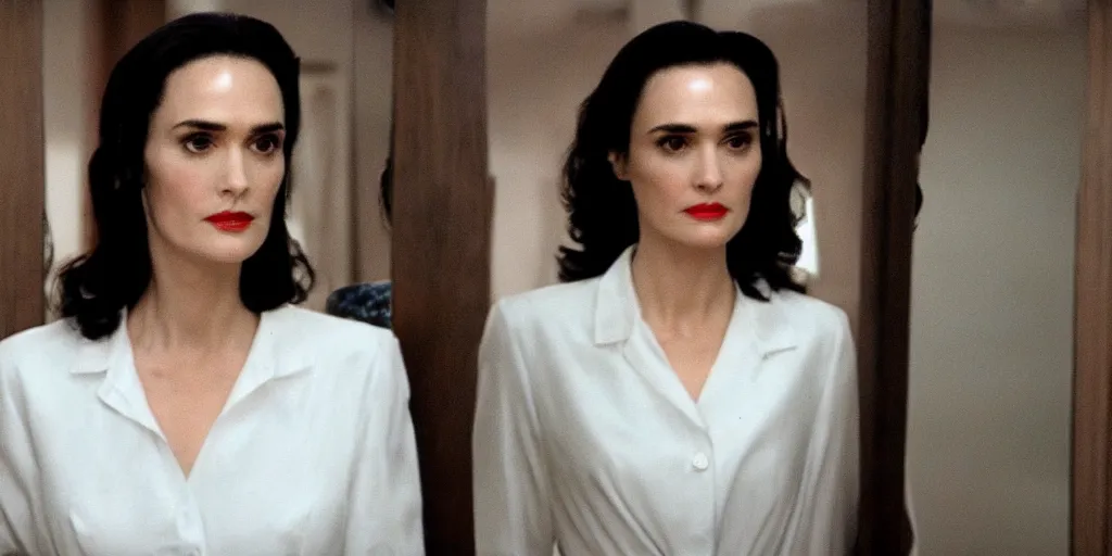 Image similar to ultra wide angle photo of winona ryder dressed in a white blouse and black dress pants as diana prince looking at herself in a bathroom mirror and seeing her reflection as wonder woman