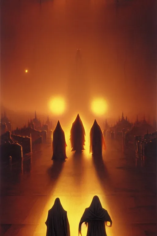 Image similar to emissary a line of people in hooded outfits holding lights walking into a large city on the planet dathomir by arthur haas and bruce pennington and john schoenherr, cinematic matte painting, 8 k, dark color palate