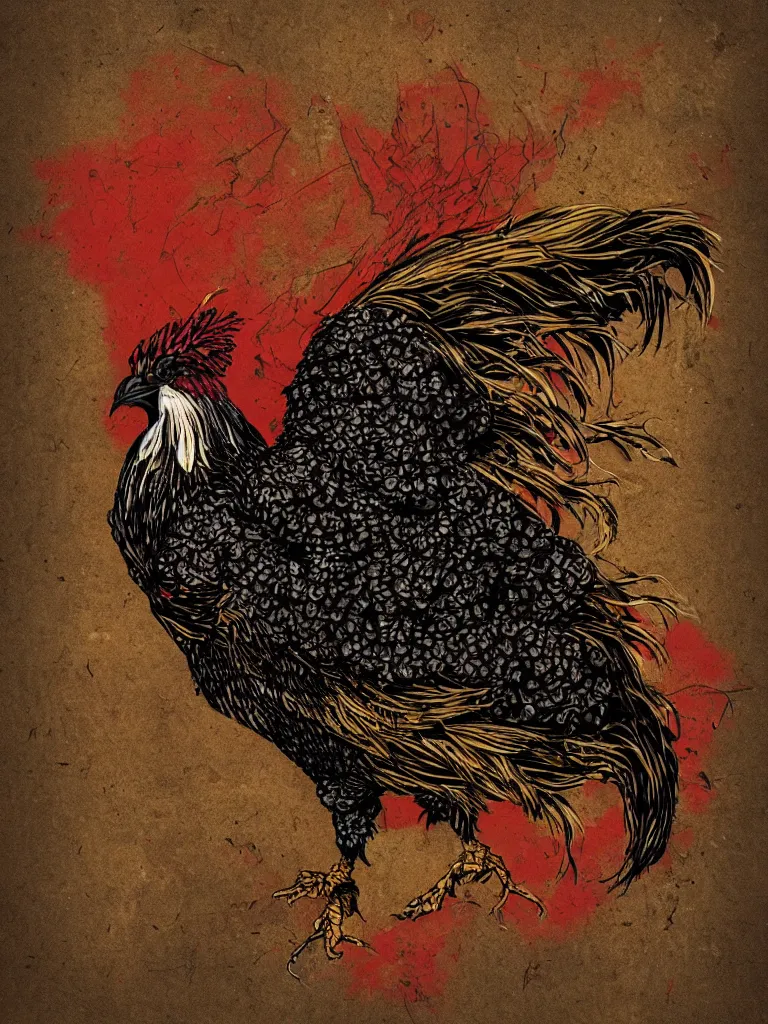 Image similar to dark military portrait of a majestic Fat!!!! Black Rooster, the King of rooster old decrepit tarot card, avian warrior, red gold black royal tarot card background, with blunt brown border and Cannabis trees, ultra-detailed pen and ink illustration, sharp focus, matte painting, symmetrical, golden ratio, cgsociety, concept art, 8k, octane render, artstation, art by Gerald Brom