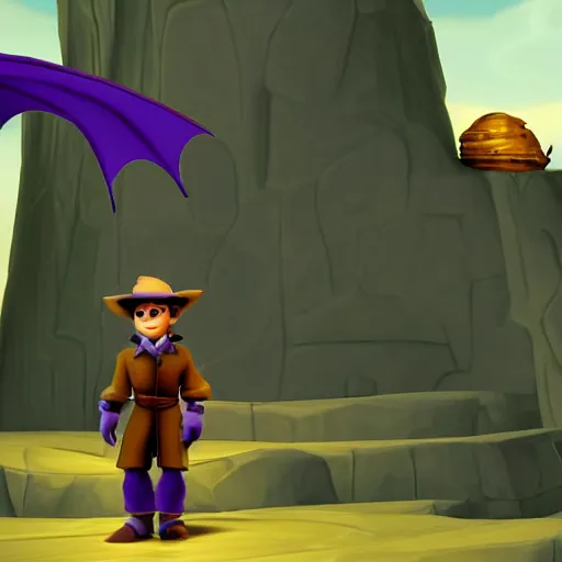 Image similar to screenshot of a cute humanoid inspector dragon with a brown trenchcoat as an npc in spyro the dragon video game, with playstation 1 graphics, activision blizzard, upscaled to high resolution