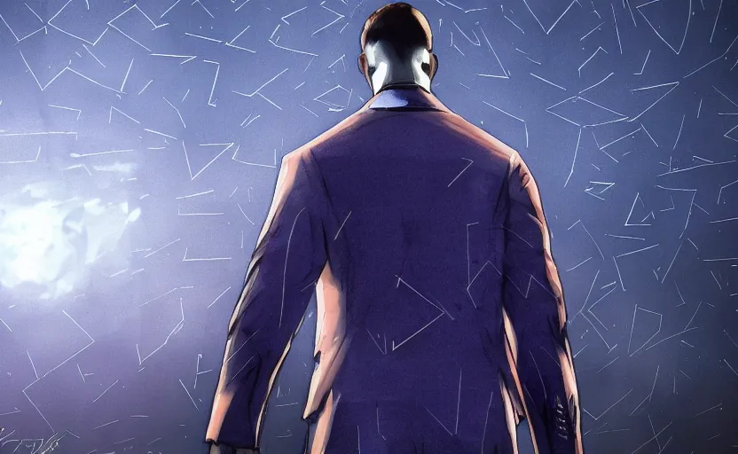 Image similar to cinematic view from behind a dead by daylight killer wearing a blue business suit looking up to the night sky, stars look like a scales of justice, character portrait, digital art