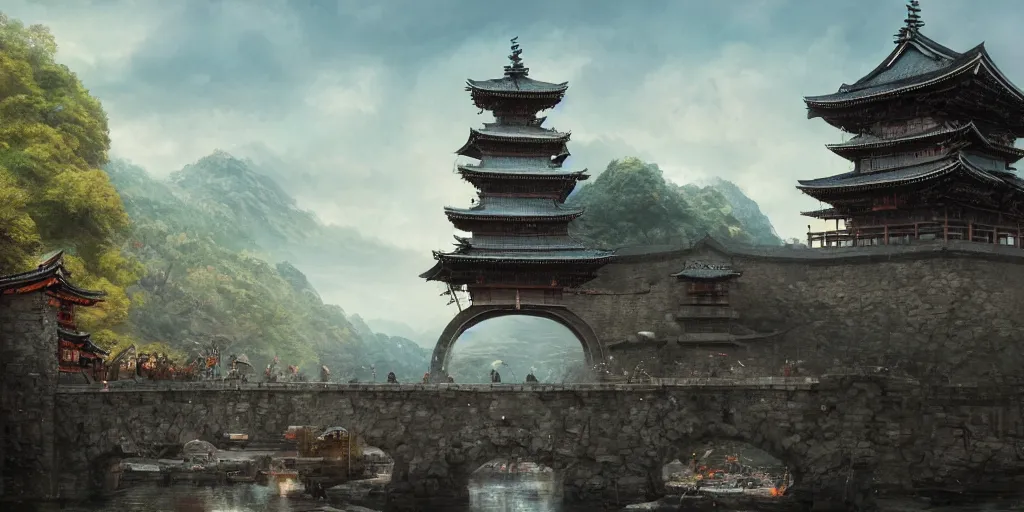 Image similar to giant goddess with swords guarding a japan middle age, giant fortress with cannons guarded by samurais, is built on a strong old wooden bridge, morning, matte painting, concept art, james gurney, greg rutkowski, unreal engine, artstation, john howe