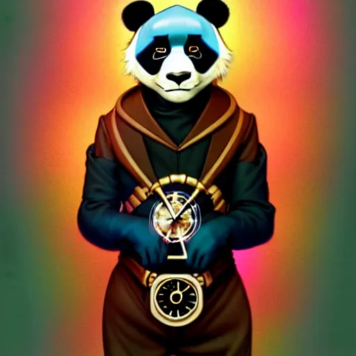 Image similar to don bluth, loish, artgerm, joshua middleton, steampunk, clockpunk anthropomorphic panda, full sailor suit, symmetrical eyes symmetrical face, colorful animation forest background