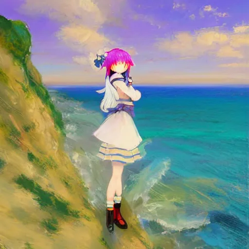 Image similar to Very abstract impressionist painting of Kirisame Marisa from the Touhou project on a cliff looking calmly at the sea, wide strokes, pastel colors, touhou project official artwork, danbooru, oil painting by Antoine Blanchard, wide strokes, pastel colors, soft lighting sold at an auction