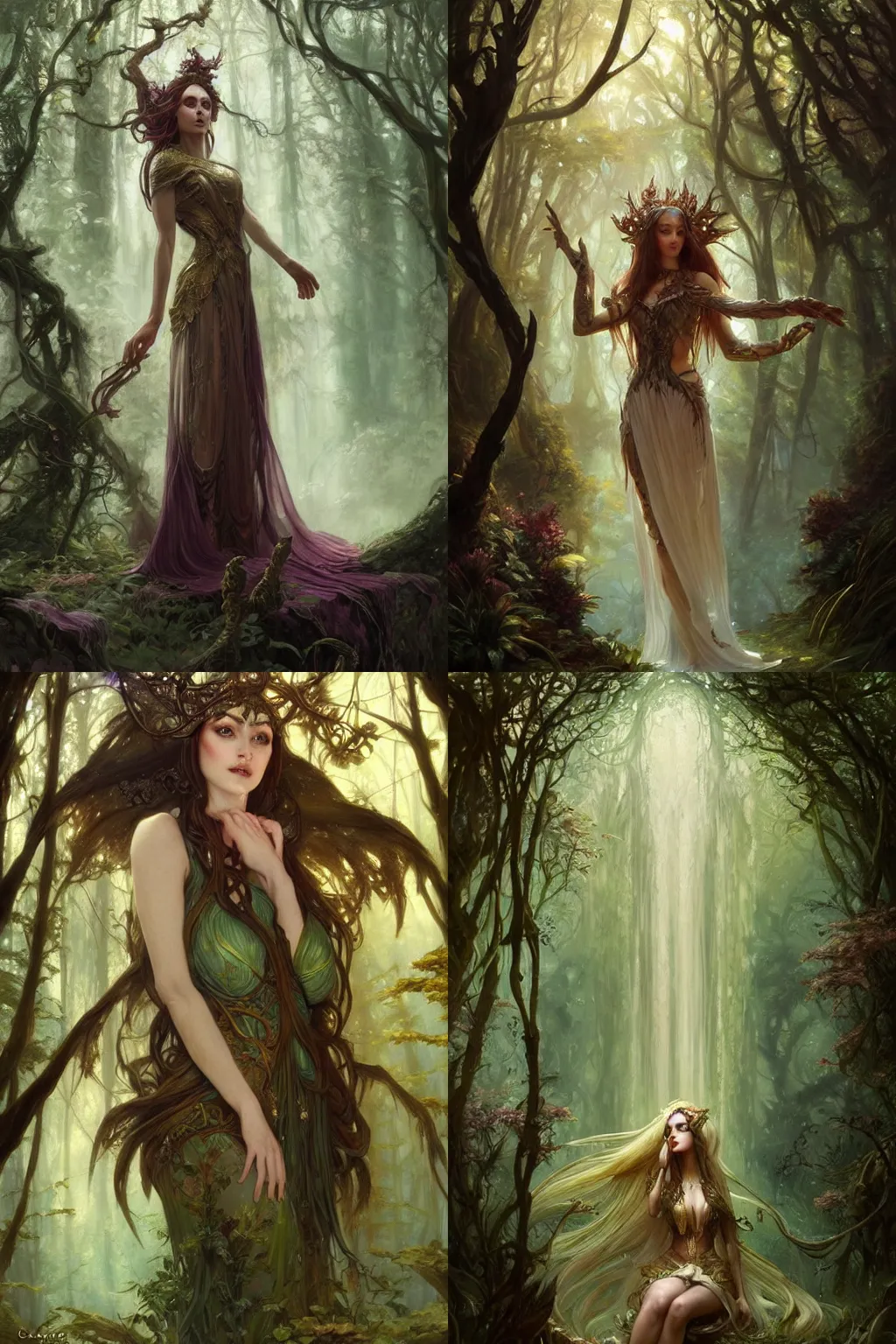 Prompt: oil painting of an enchantress in a fantasy forest, peaceful expression, ornate details, fantasy, intricate, elegant, whimsical, highly detailed brushstrokes, digital painting, artstation, dnd concept art, smooth, sharp focus, illustration, art by charlie bowater and artgerm and greg rutkowski and alphonse mucha