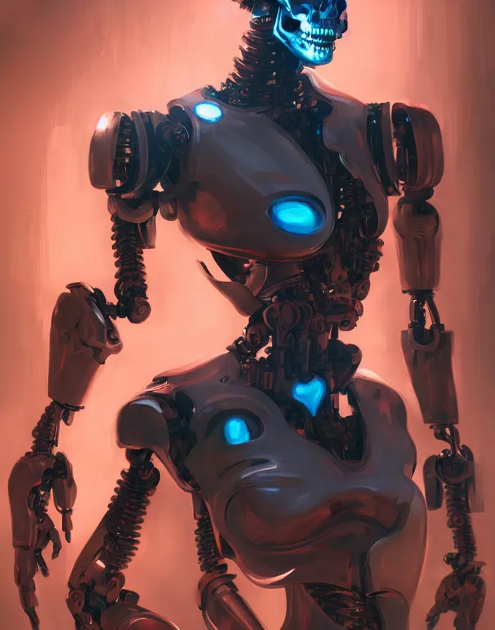 Image similar to skull - headed robot cyborg painting, illutstration, concept art, cyberpunk, futurism, comics art, artgerm, full body shot, wide angle