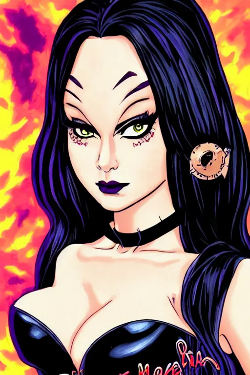 Prompt: elvira mistress of the dark archie comic 2 0 1 9 art style, trending on arstation, incredible detail, portrait, symmetric, smooth ui