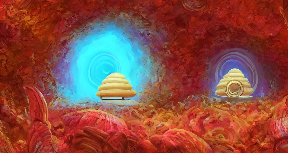 Prompt: digital painting of a tiny sacred spiral, procedural seashell house surrounded by dreamy coral, syd mead, cell shaded graphics, concept art, minimalist, golden ratio