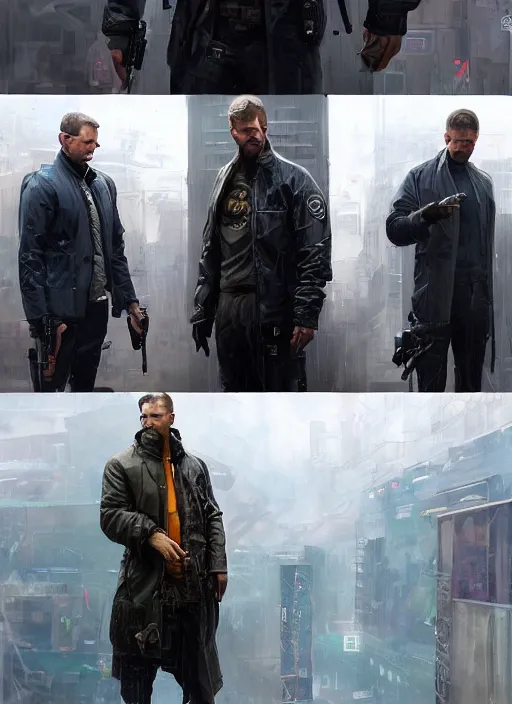 Image similar to Modern Teddy Roosevelt. Cyberpunk hitman in tactical gear. plastic raincoat. blade runner 2049 concept painting. Epic painting by James Gurney, Azamat Khairov, and Alphonso Mucha. ArtstationHQ. painting with Vivid color. (rb6s, Cyberpunk 2077)