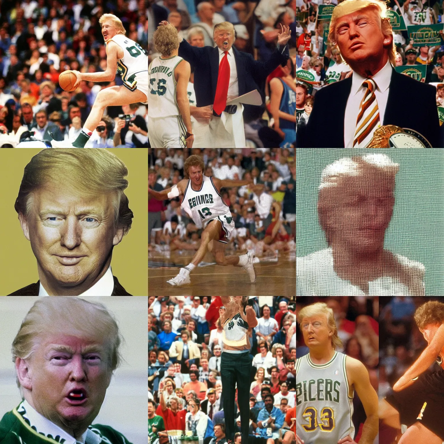 Prompt: donald trump as larry bird, 1986, portrait, nba postseason, low resolution, blurry nbc broadcast