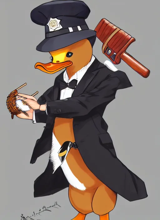 Image similar to commissioned full body portrait of a male anthro duck fursona with a duck head wearing a nice black suit and a fedora holding a baseball bat sitting on the hood of a police patrol car in a baseball stadium, by a professional manga illustrator, Stanley Artgerm Lau, WLOP, Rossdraws, James Jean, Andrei Riabovitchev, Marc Simonetti, and Sakimichan, trending on artstation