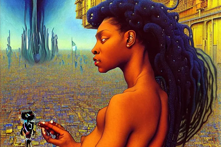 Prompt: realistic extremely detailed portrait painting of a beautiful black woman with an alien, city street on background by Jean Delville, Amano, Yves Tanguy, Ilya Repin, Alphonse Mucha, Ernst Haeckel, James C. Christensen, Edward Robert Hughes, Roger Dean, rich moody colours