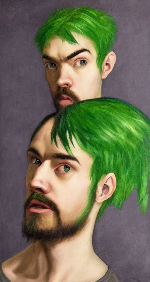 Image similar to jacksepticeye with dyed green hair renaissance portrait painting, chiaroscuro, oil paints on canvas